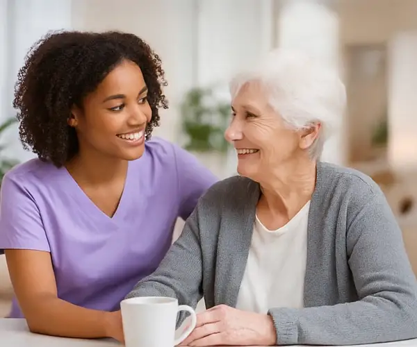 Caregiver girl and elderly woman smiling